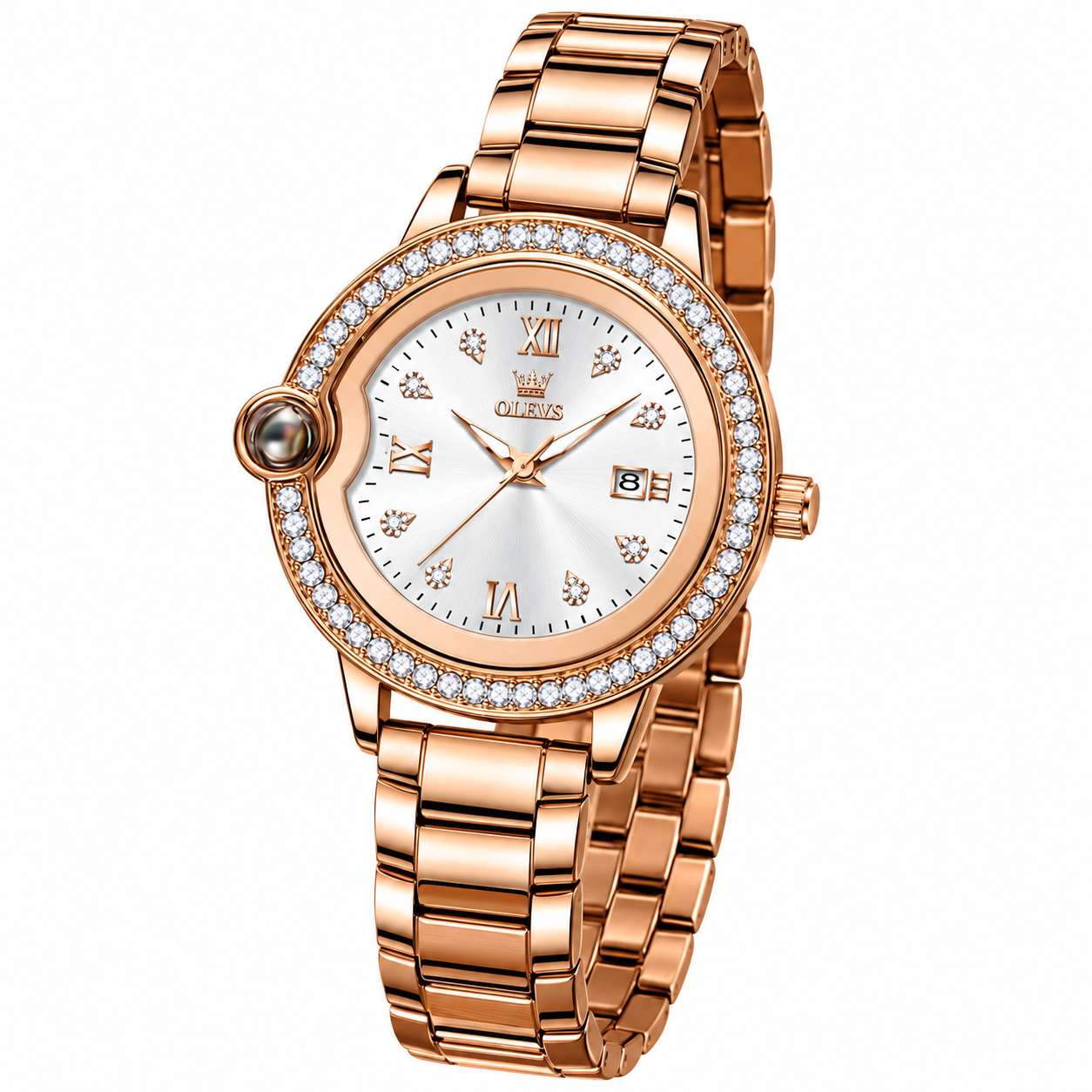 rose gold crystal olevs watch